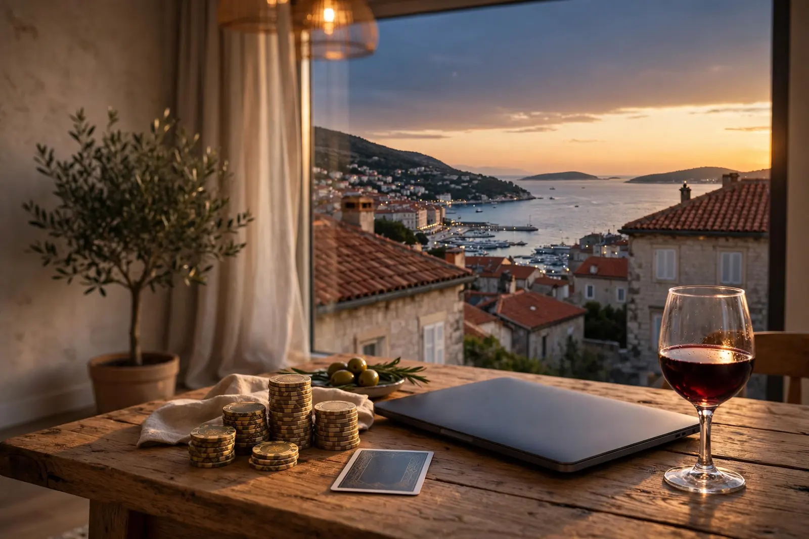 Stol s casino žetonima i kartama uz zatvoreni laptop u suvremenom hrvatskom interijeru