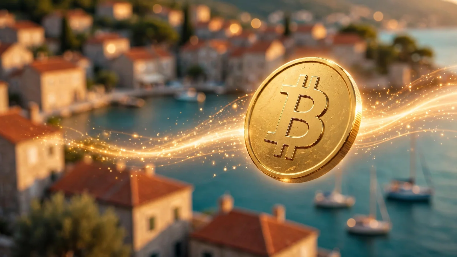 Zlatni Bitcoin kovanac nad jadranskom obalom s dalmatinskim krovovima u zalasku sunca