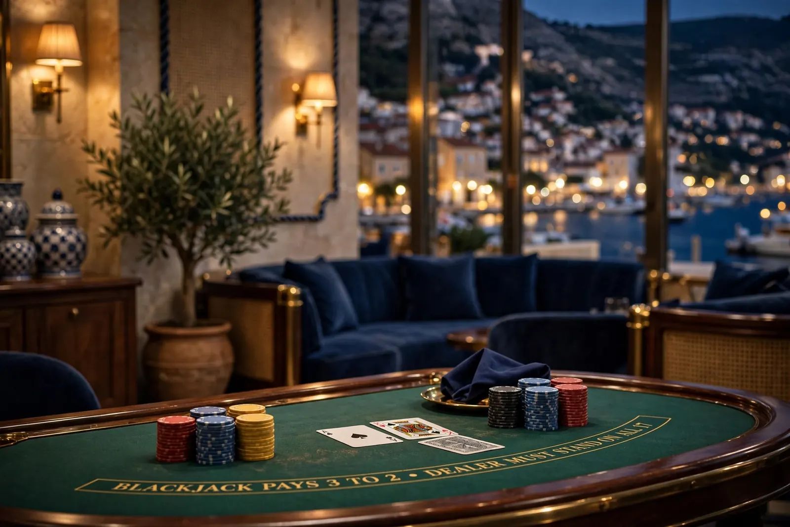Luksuzni blackjack stol u hrvatskom casinu noću