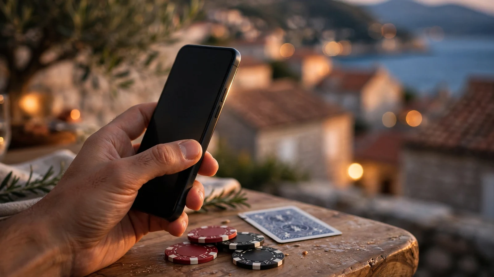 Ruka drži pametni telefon na terasi s pogledom na hrvatski primorski grad, uz žetone i kartu na stolu.
