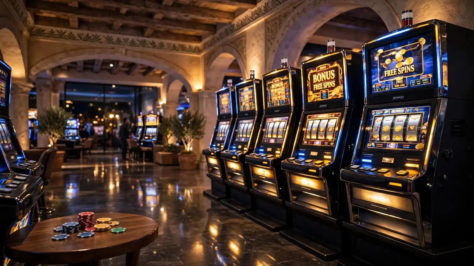 Moderna dvorana automatima u hrvatskom casinu, toplo osvjetljenje i žetoni na stolu.