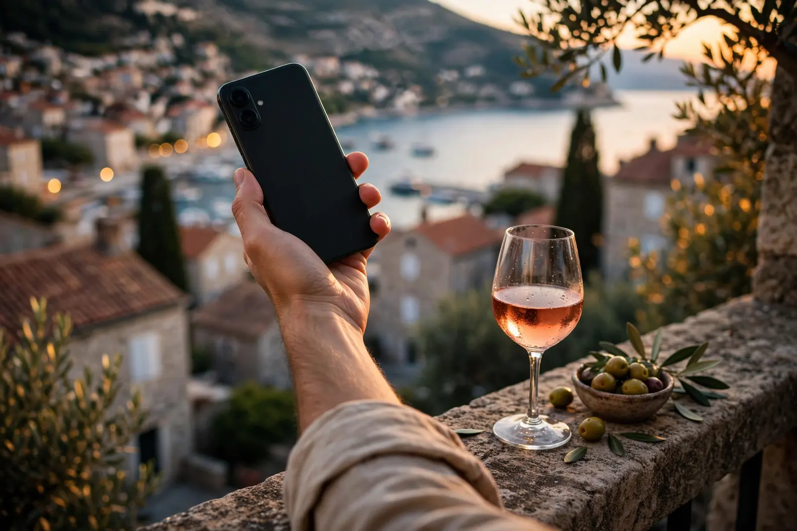 Ruka drži pametni telefon na balkonu uz more