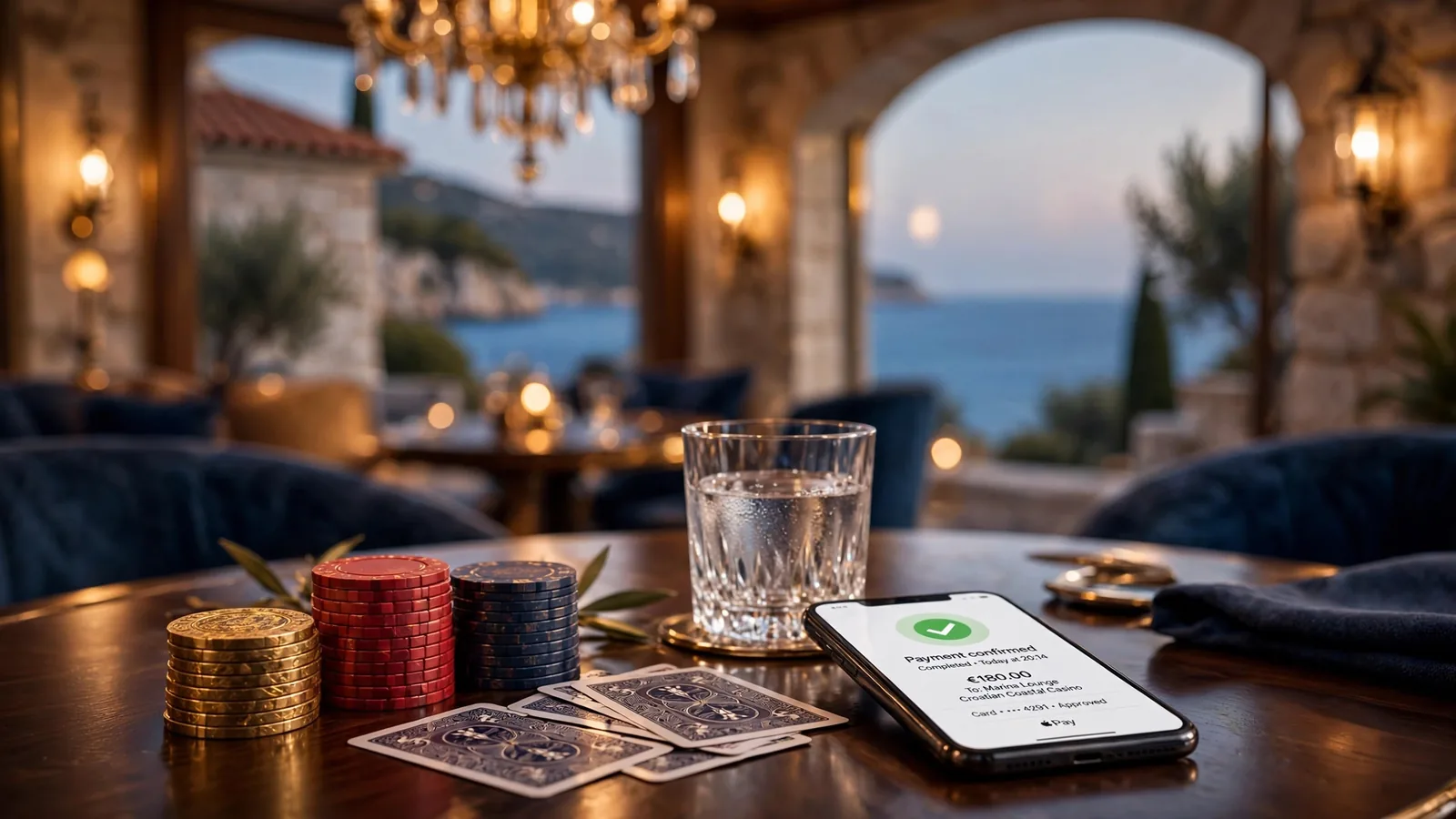 Luksuzni casino lounge na hrvatskoj obali s čipovima i mobilnim plaćanjem