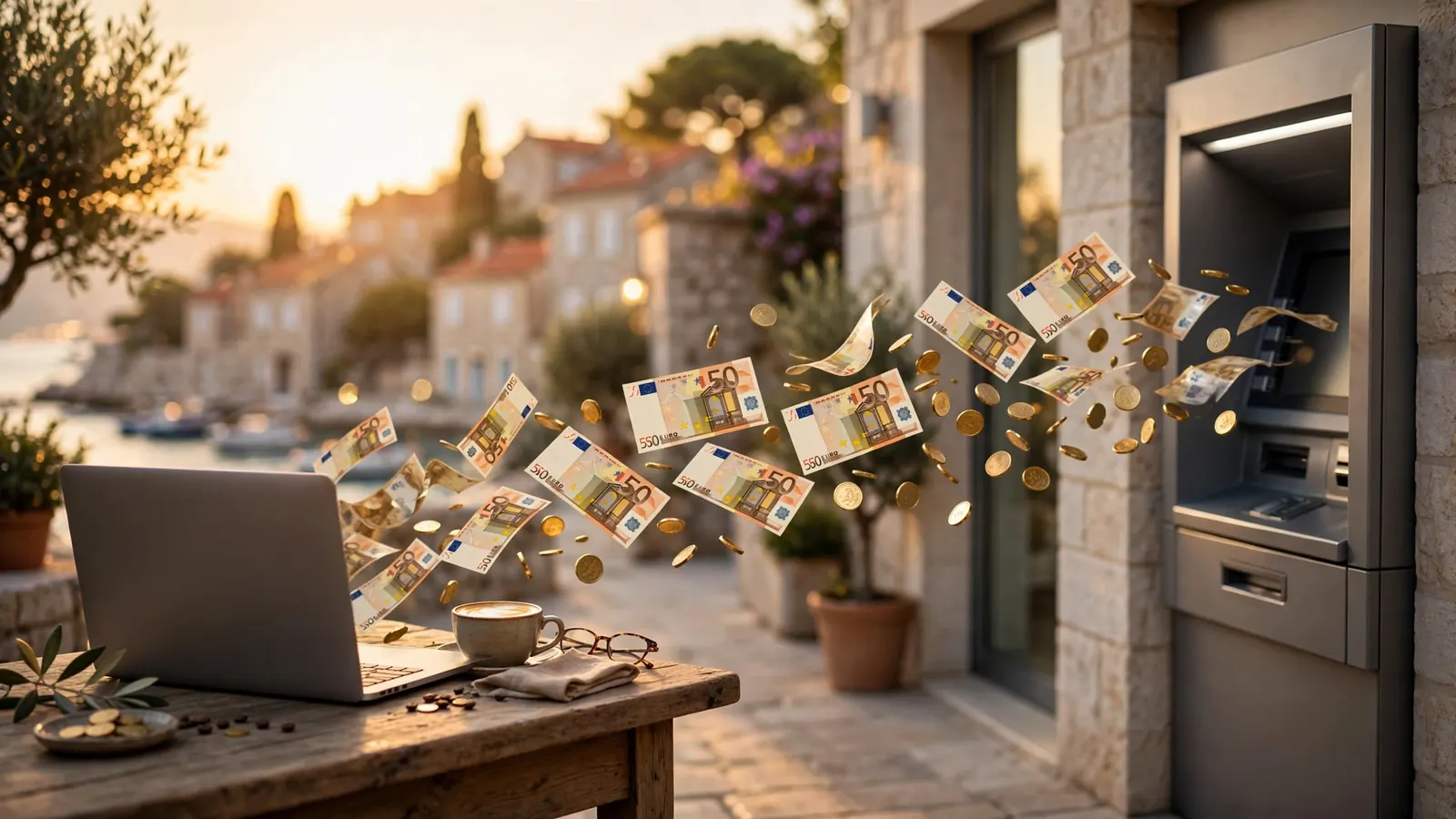 Novčanice putuju od laptopa prema banci, mediteranska atmosfera