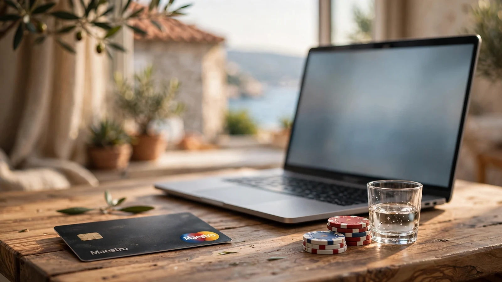 Maestro kartica na stolu pokraj laptopa i casino žetona