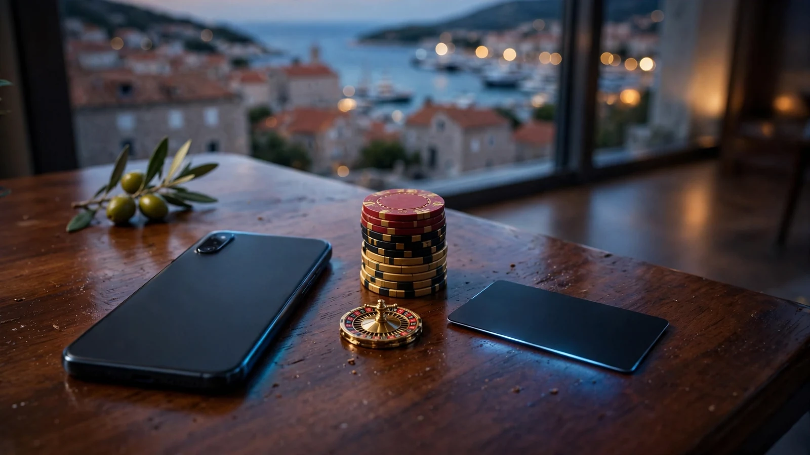 Stol s casino žetonima, smartfonom i e-novčanikom uz pogled na hrvatsku obalu.