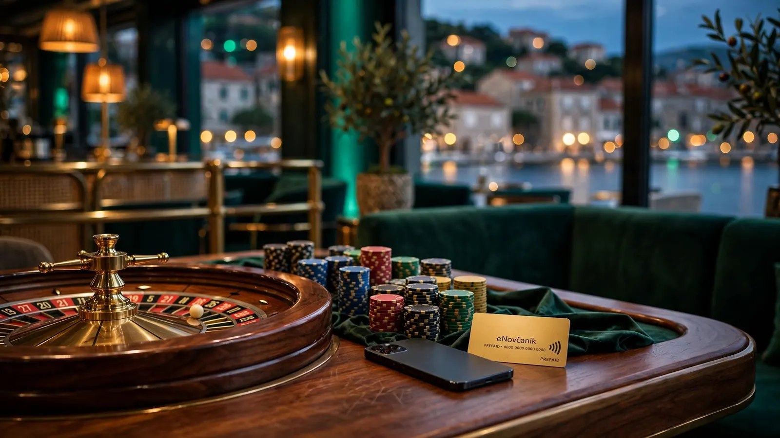 Hrvatski casino stol s čipovima, smartfonom i e-novčanikom Neteller