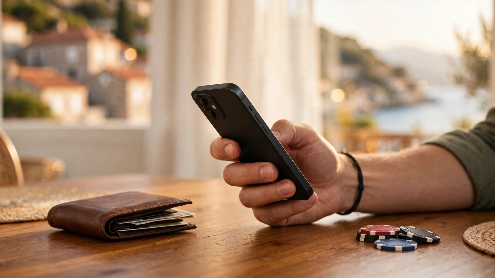 Ruke drže pametni telefon uz stol s poker čipovima u mediteranskom ambijentu