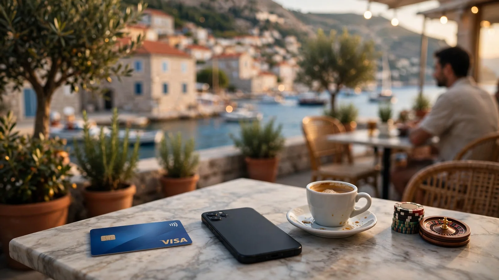 Visa kartica i pametni telefon na stolu uz kafiću u Dalmaciji