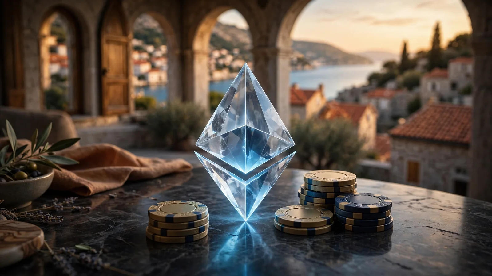 Ethereum kristal i kockice za klađenje na mramornom stolu s pogledom na hrvatsku obalu