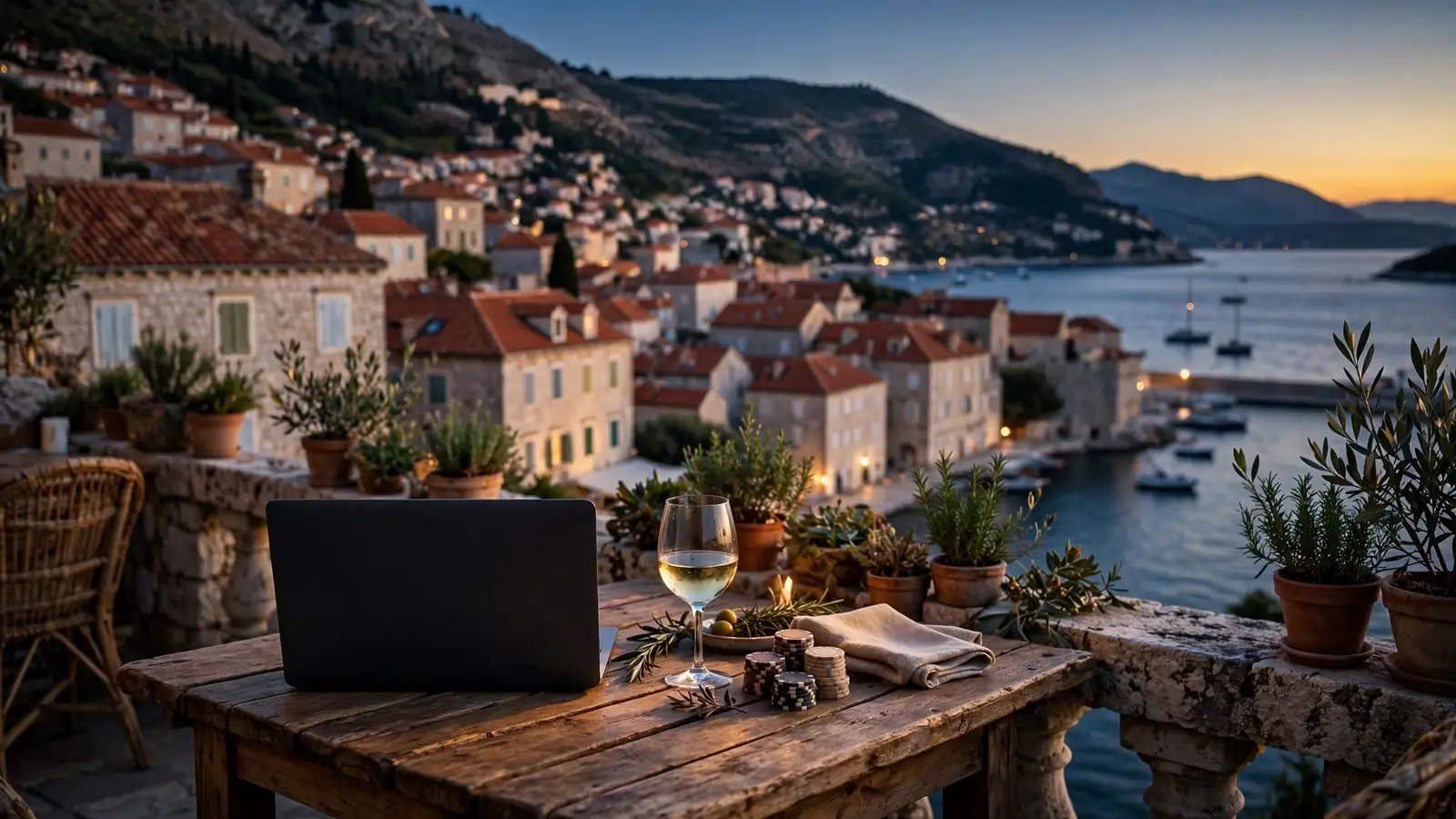 Hrvatska obala, laptop i žetoni za casino na terasi