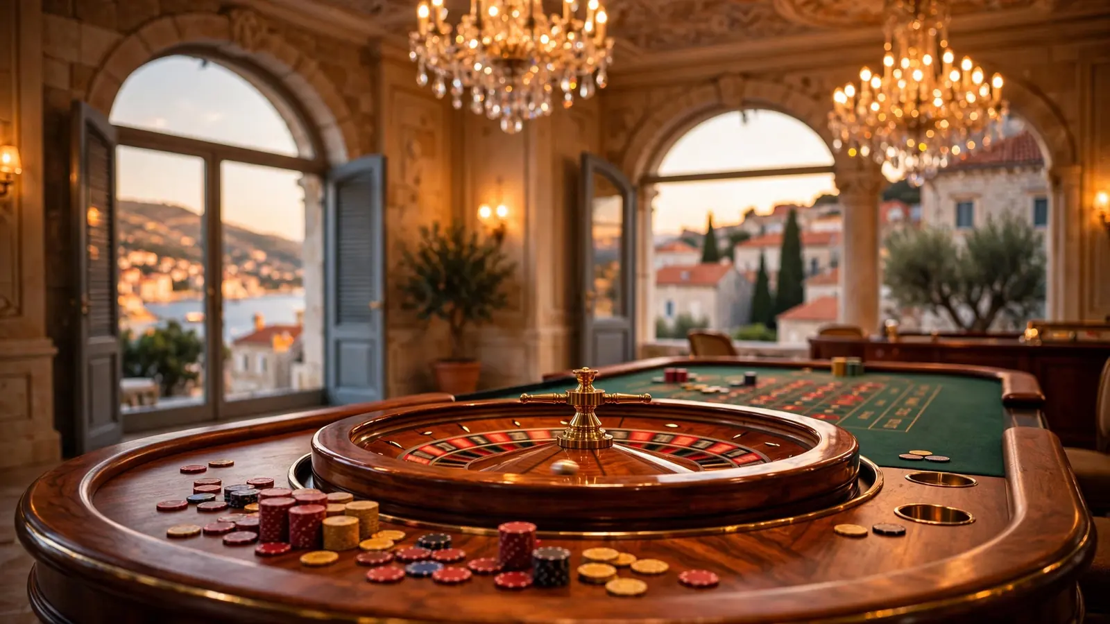 Elegantna casino interijera s ruletnim stolom i žetonima u toplom ambijentu.