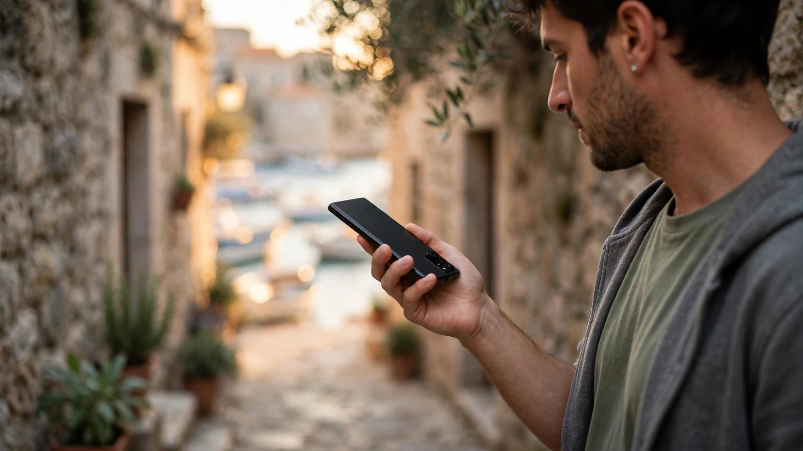 Osoba drži telefon u kamenoj dalmatinskoj uličici