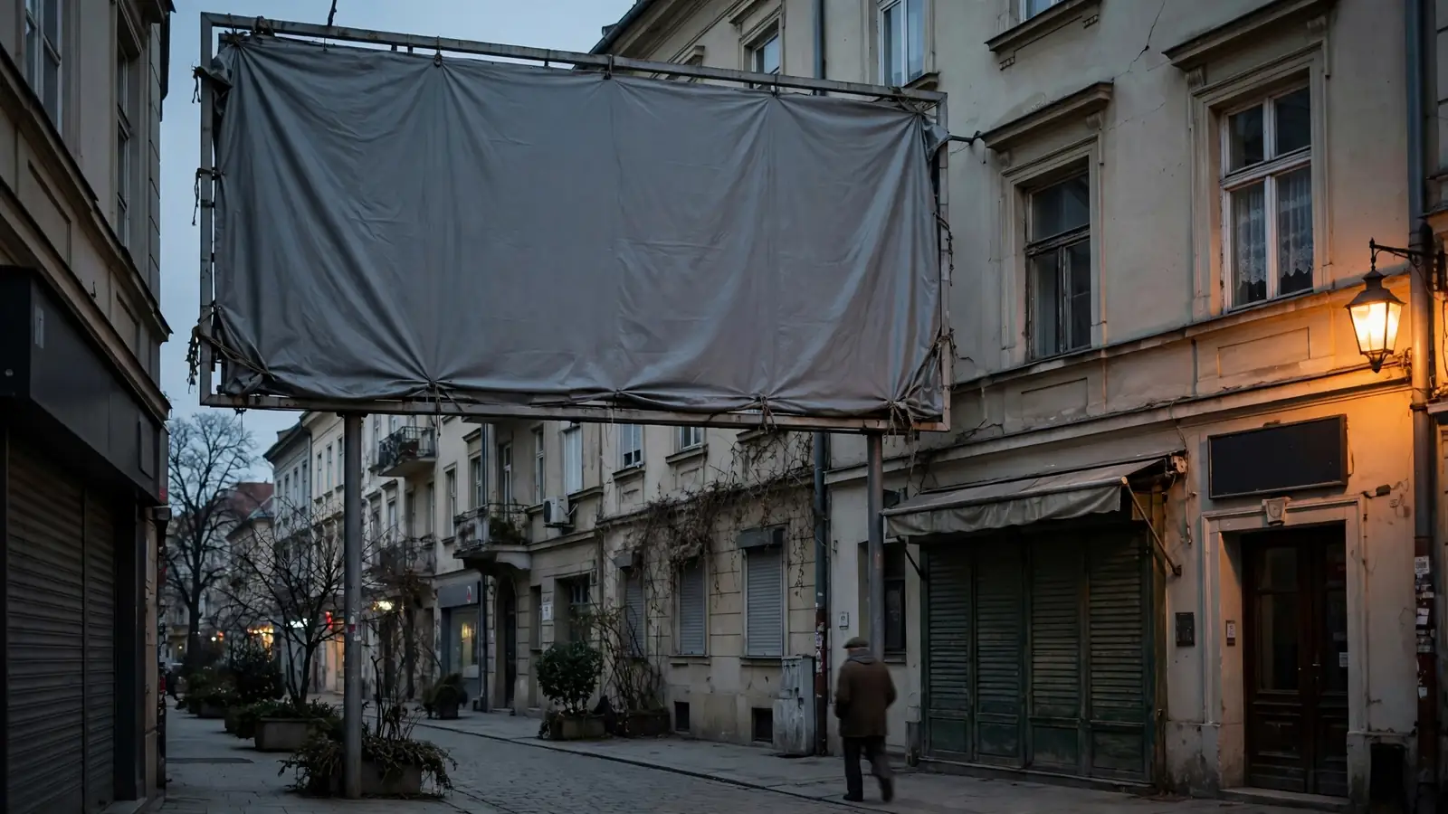 Prekriveni oglasni pano na praznoj zagrebačkoj ulici