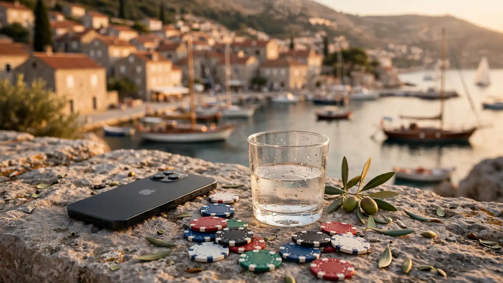iPhone na kamenoj površini uz čipove i čašu rakije, dalmatinska luka u pozadini