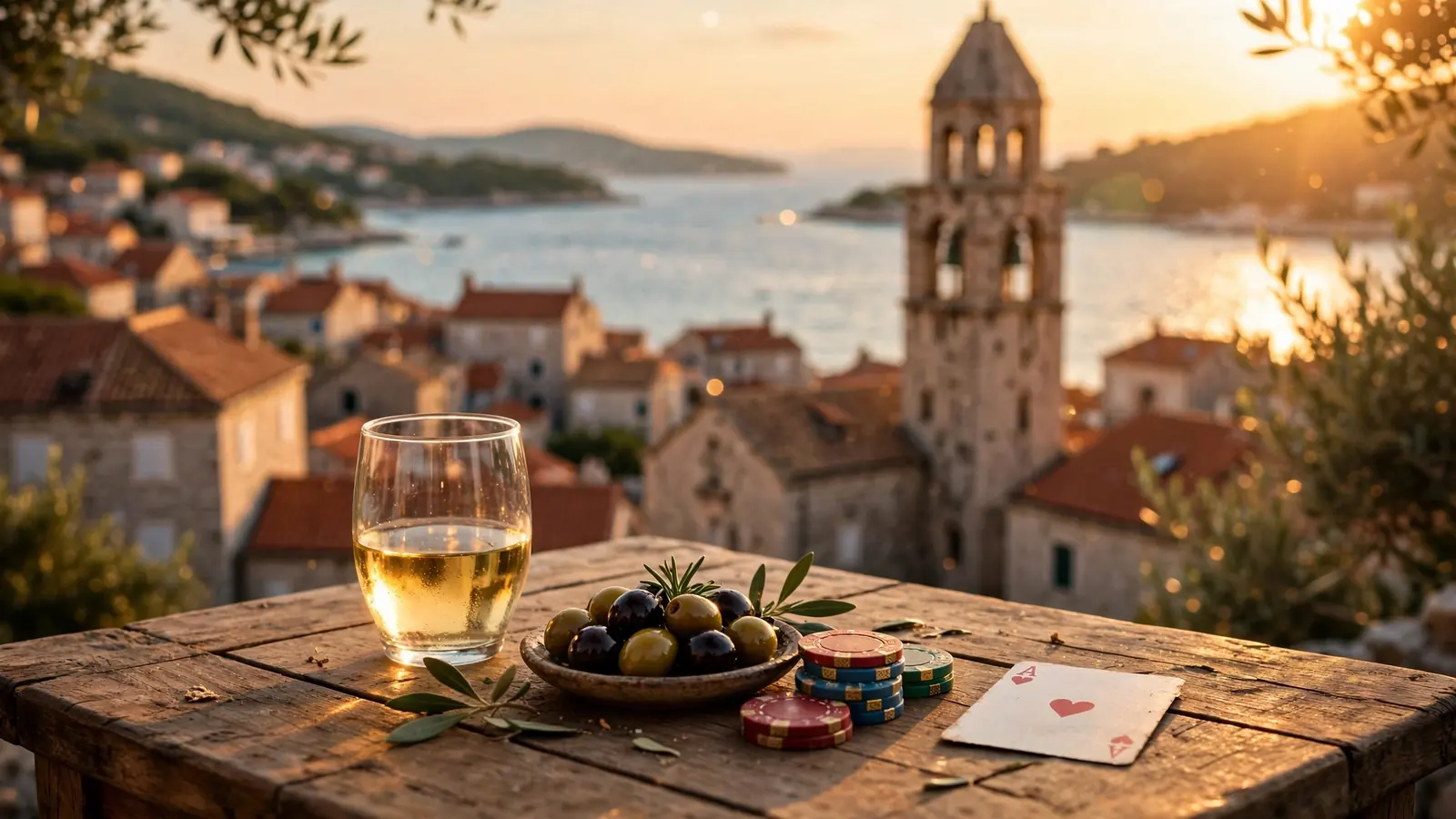 Zlatnosatni pogled na hrvatski primorski gradić sa stolom, čašom vina i žetonima kasina