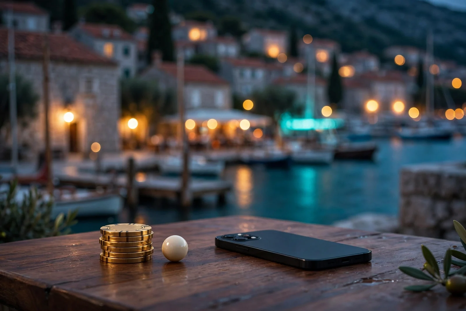 Zlatni casino žetoni uz smartphone na stolu, dalmatinska luka u pozadini