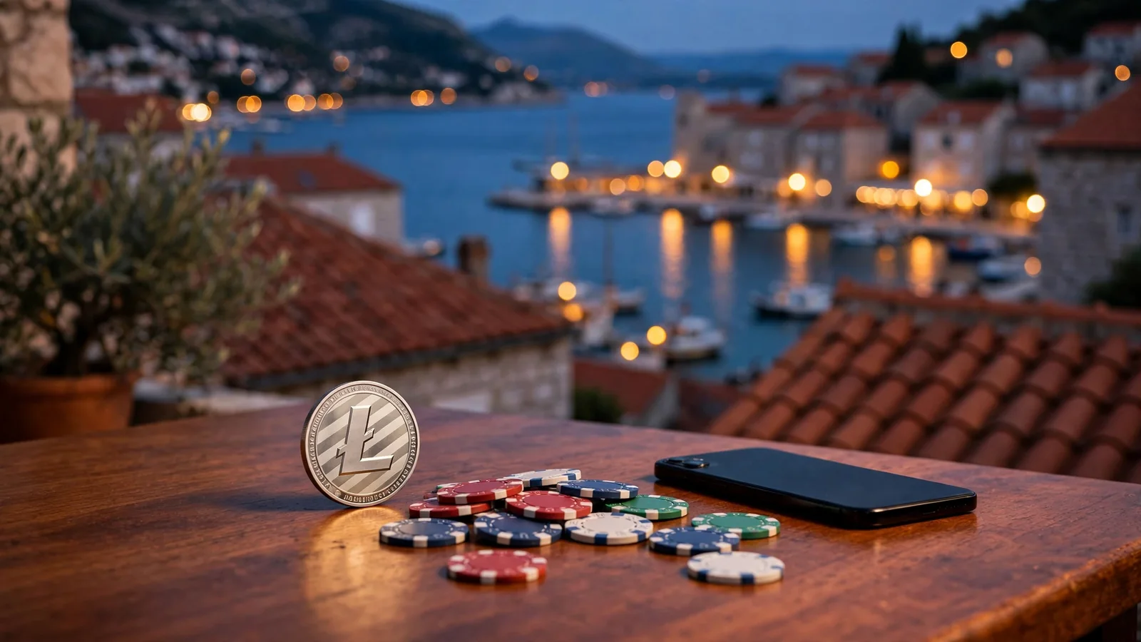 Stol na terasi s kripto novčićem i žetonima uz pogled na hrvatsku obalu