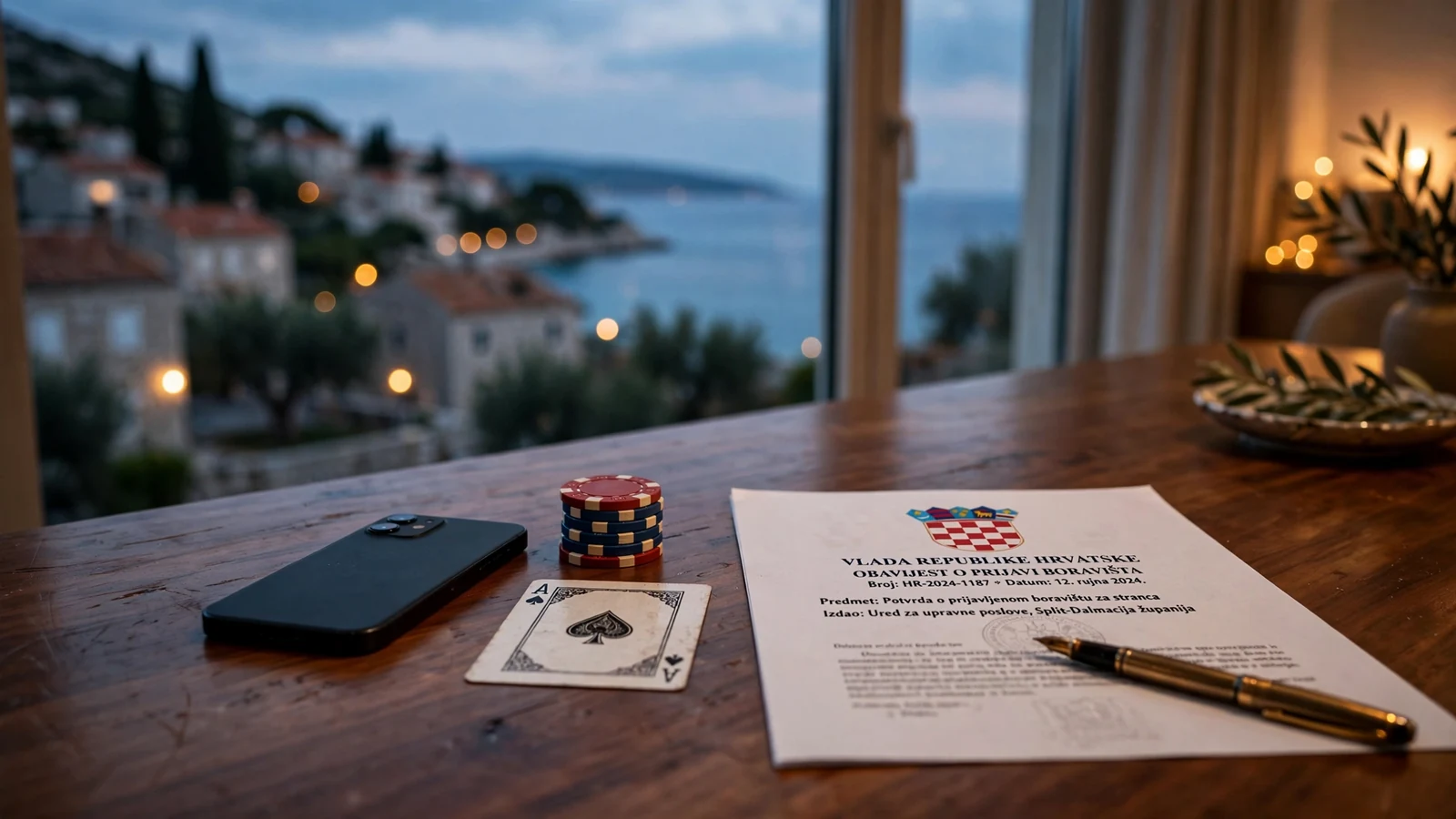 Pametni telefon okrenut na stolu s kockicama za poker i službenim dokumentom hrvatske vlade.