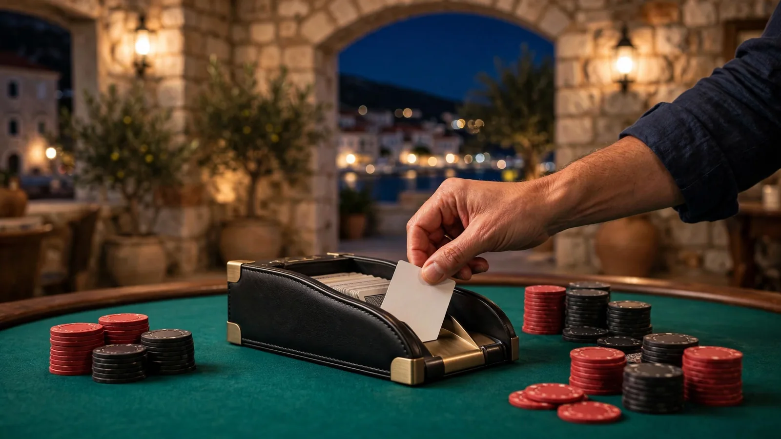 Ruka djelitelja dijeli karte za stolom u elegantnom hrvatskom casinu