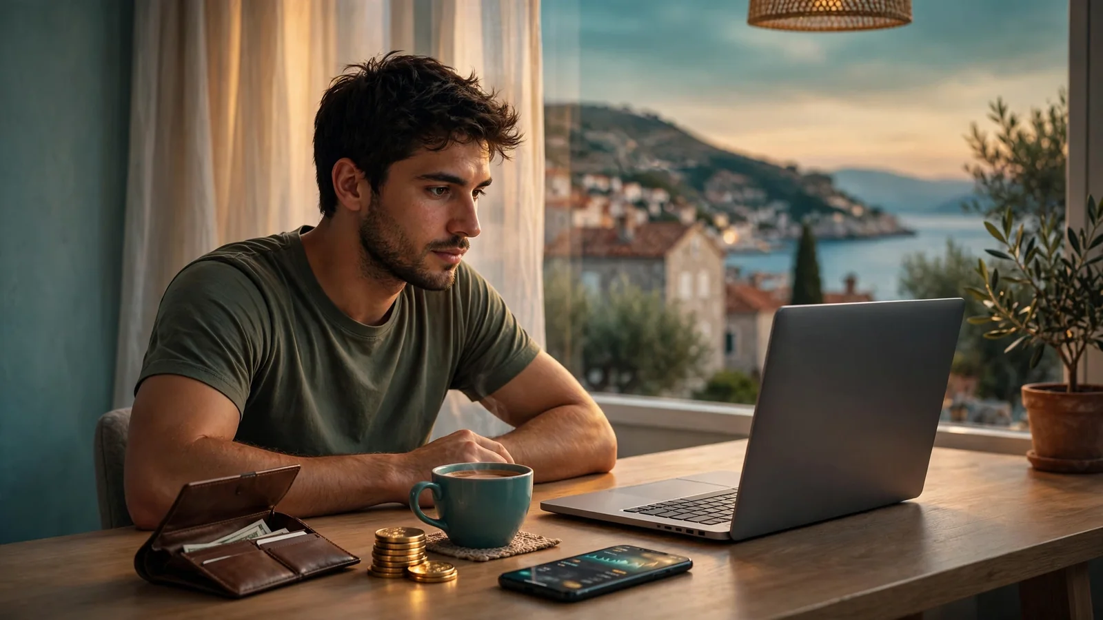 Hrvatski igrač priprema TRX depozit na laptopu uz pogled na dubrovačku obalu